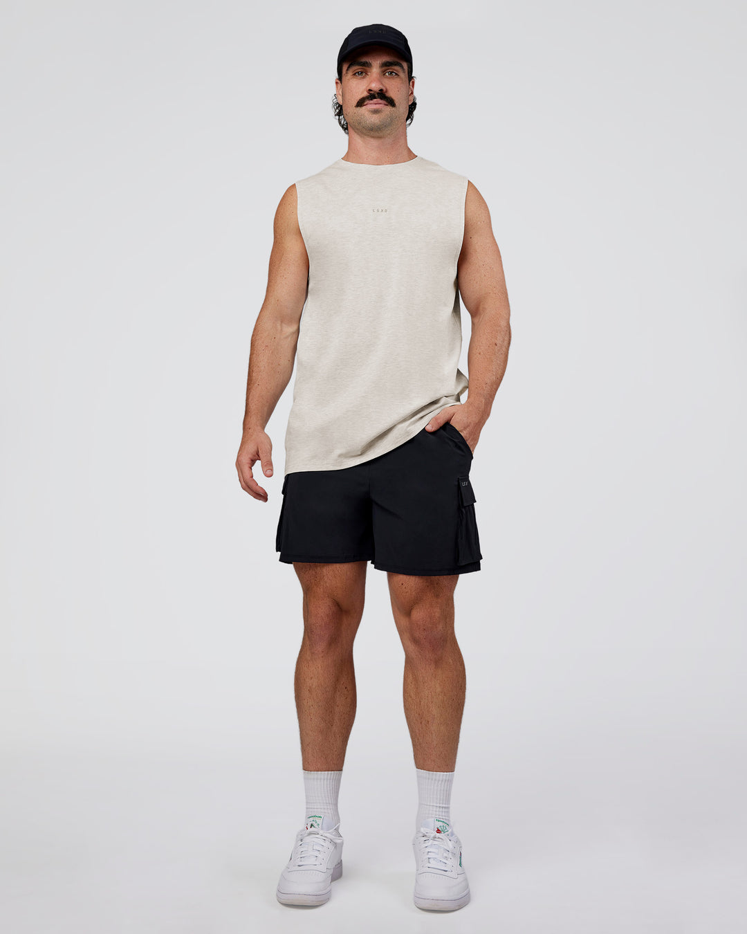 Man wearing Base Heavyweight FLXCotton Tank Regular Fit +2cm - Silver Marl | Model:Adam | Size:L