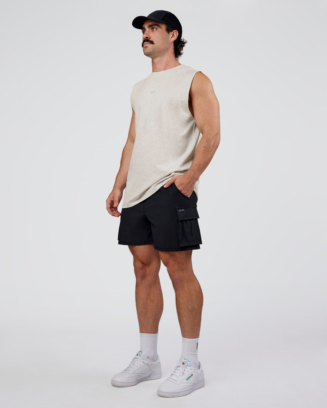 Man wearing Base Heavyweight FLXCotton Tank Regular Fit +2cm - Silver Marl | Model:Adam | Size:L