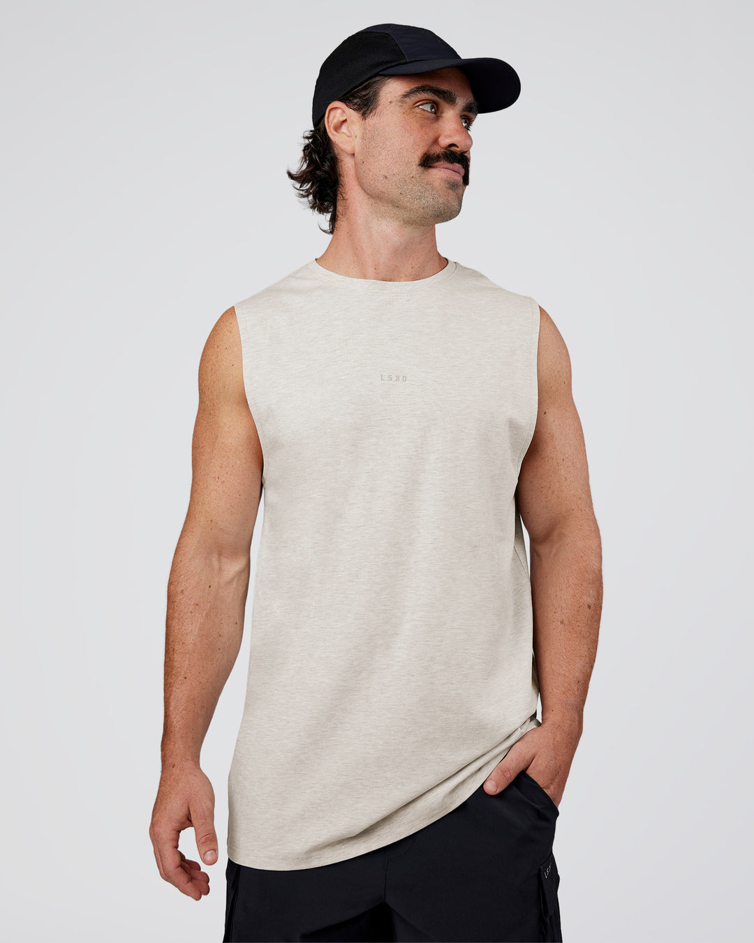 Man wearing Base Heavyweight FLXCotton Tank Regular Fit +2cm - Silver Marl | Model:Adam | Size:L