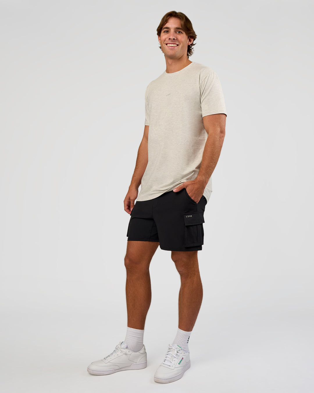 Man wearing Base Heavyweight FLXCotton Tee Regular Fit +2cm - Silver Marl | Model:Marcus | Size:L