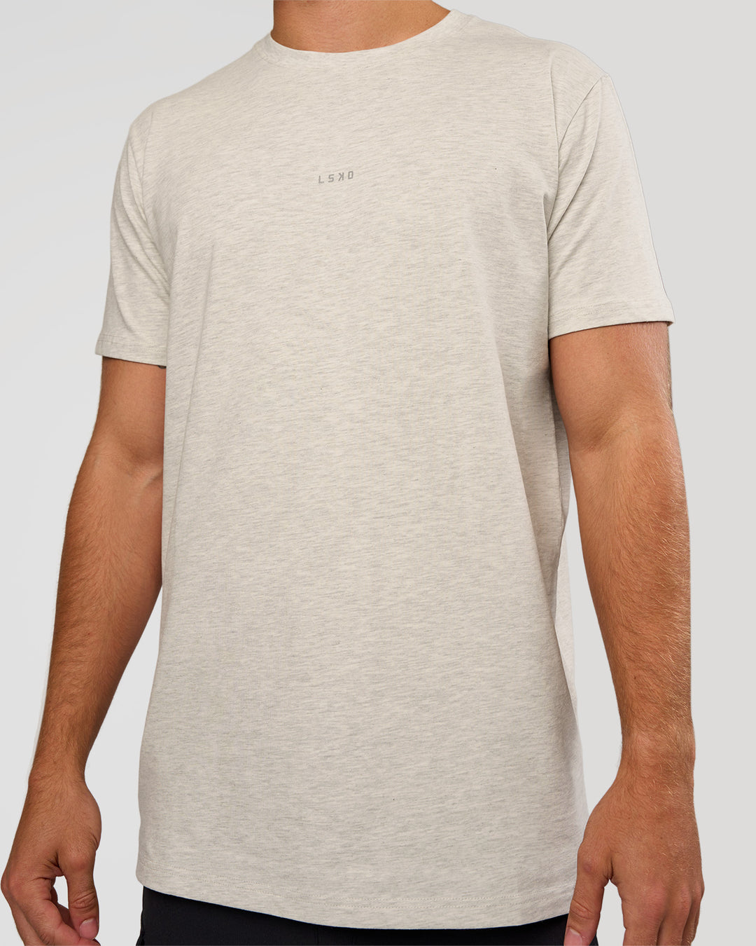 Man wearing Base Heavyweight FLXCotton Tee Regular Fit +2cm - Silver Marl | Model:Marcus | Size:L