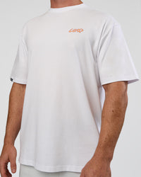 Man wearing Break Through FLXCotton Oversized Tee - White-Pale Lilac | Model:Adam | Size:L