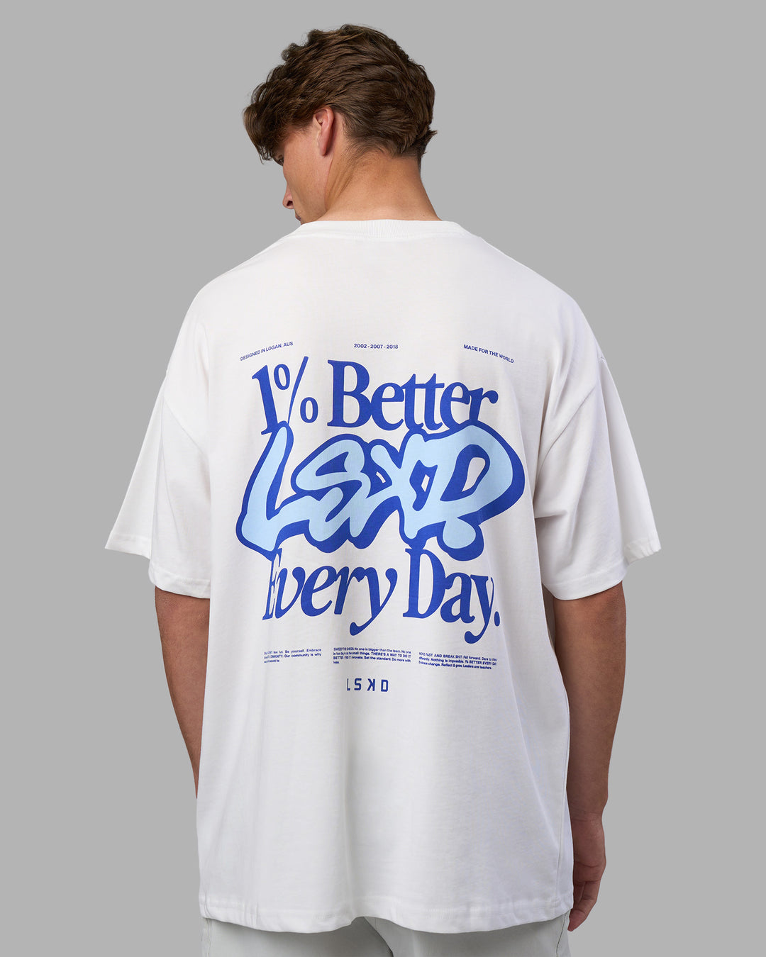 Man wearing Break Through Heavyweight Oversized Tee - White-Power Cobalt | Model:Brandon | Size:L