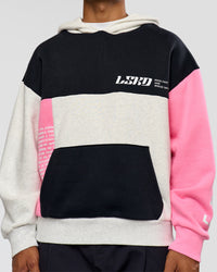 Man wearing Deconstructed Fleece Hoodie - Caviar-Candy Pink-Grey Marl | Model:Xav | Size:L