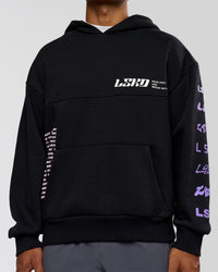 Man wearing Deconstructed Fleece Hoodie - Caviar-Marshmallow-Pale Lilac | Model:Xav | Size:L