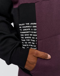 Man wearing Deconstructed Fleece Hoodie - Caviar-Midnight Plum | Model:Xav | Size:L