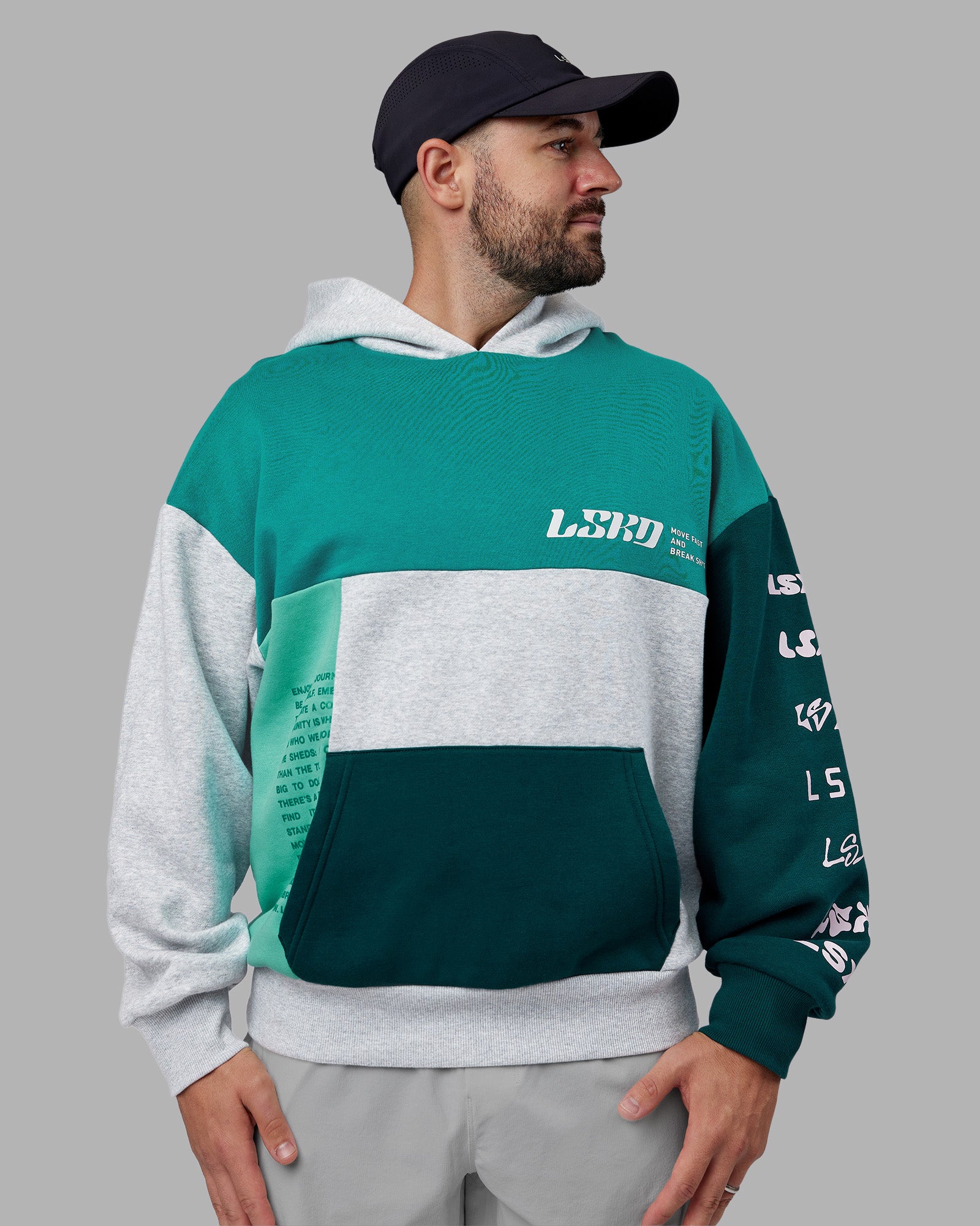 Deconstructed Fleece Hoodie - Grey Marl-Dark Moss | LSKD