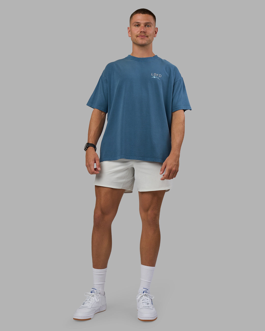 Man wearing Digital World Heavyweight Oversized Tee - Night Sea-Open Air | Model:Nikola | Size:L