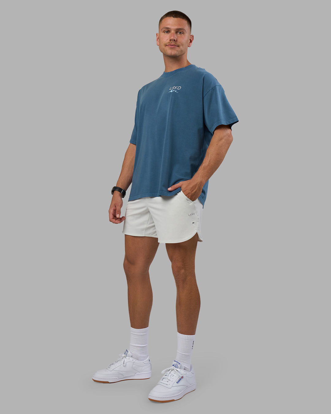Man wearing Digital World Heavyweight Oversized Tee - Night Sea-Open Air | Model:Nikola | Size:L
