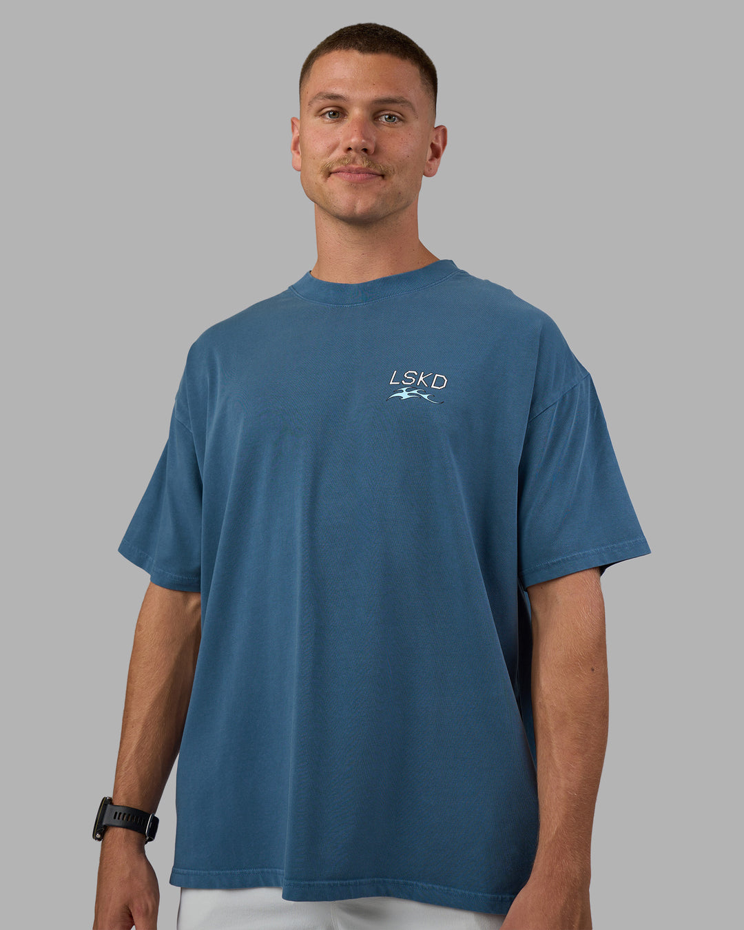 Man wearing Digital World Heavyweight Oversized Tee - Night Sea-Open Air | Model:Nikola | Size:L