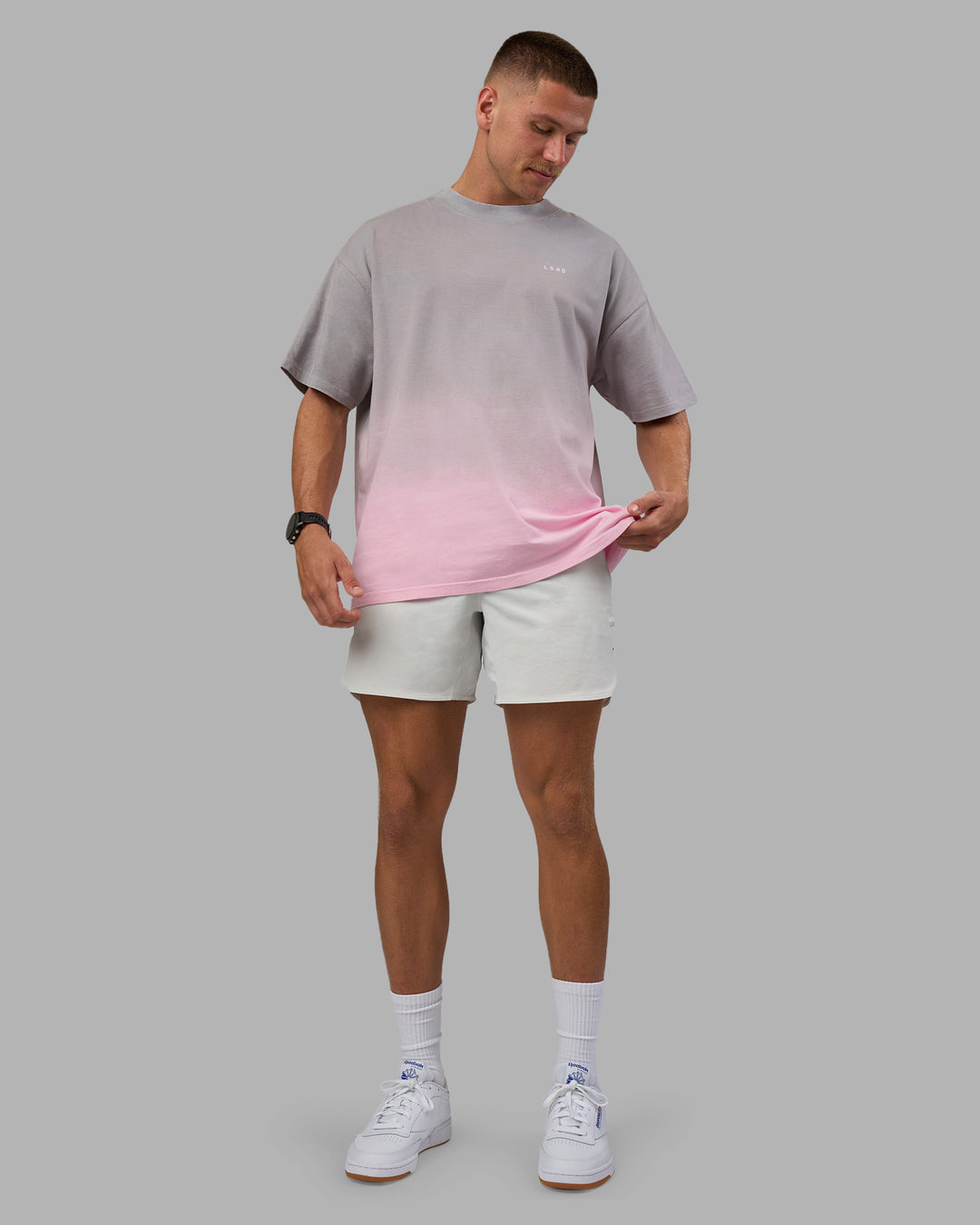 Man wearing Faded Heavyweight Oversized Tee - Circular Grey-Marshmallow | Model:Nikola | Size:L