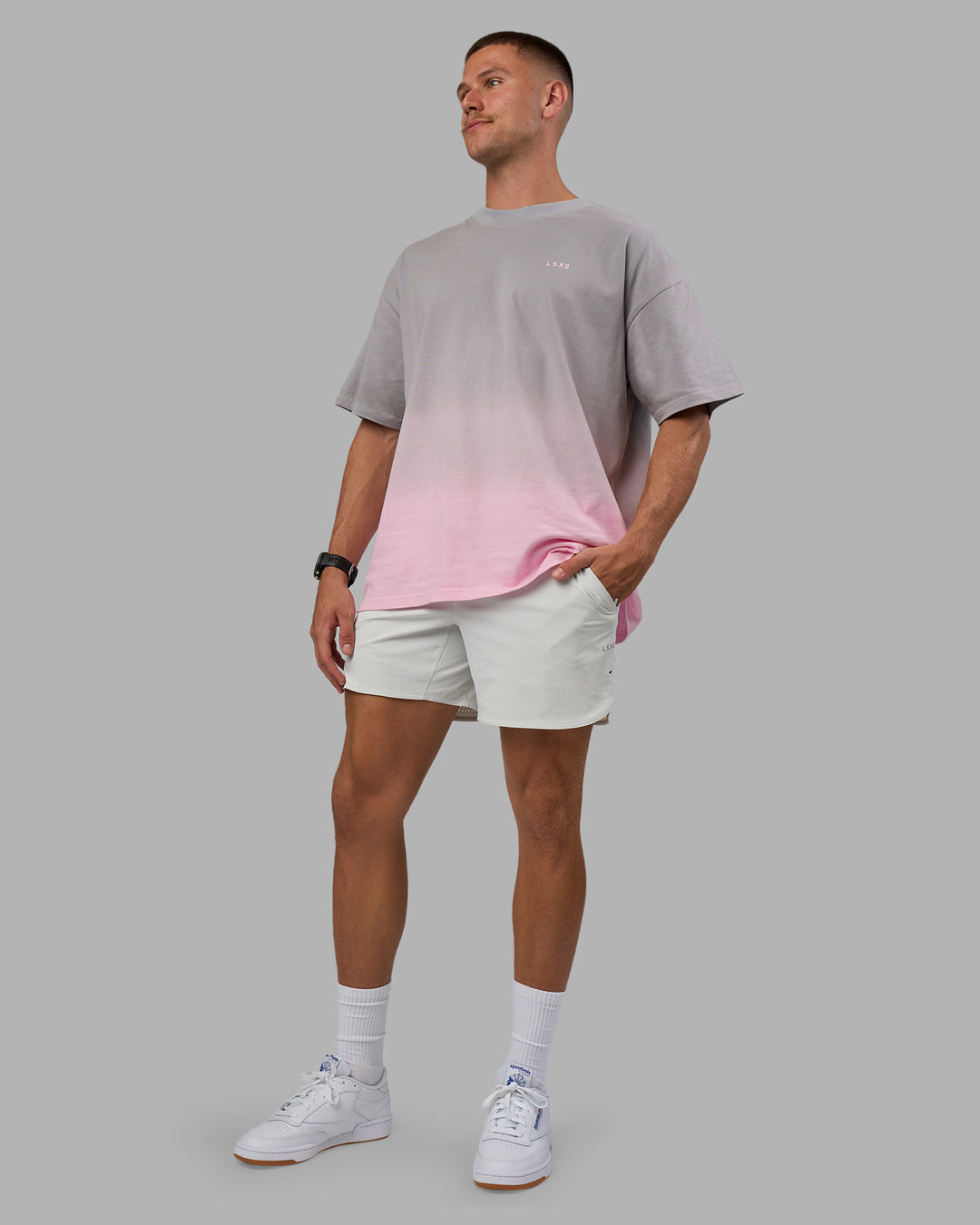 Man wearing Faded Heavyweight Oversized Tee - Circular Grey-Marshmallow | Model:Nikola | Size:L