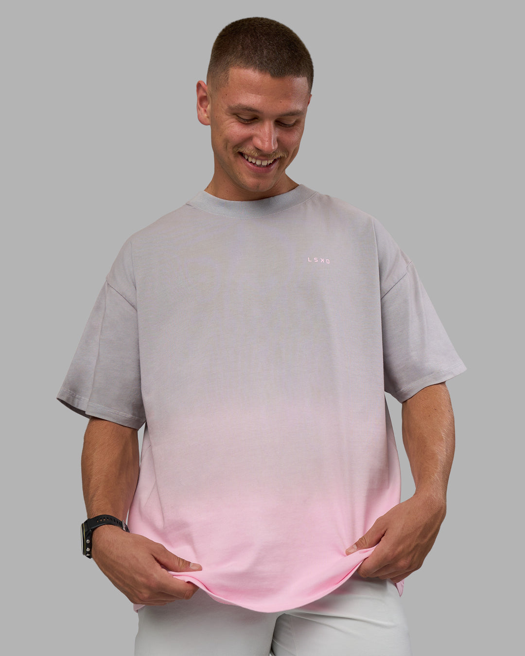 Man wearing Faded Heavyweight Oversized Tee - Circular Grey-Marshmallow | Model:Nikola | Size:L