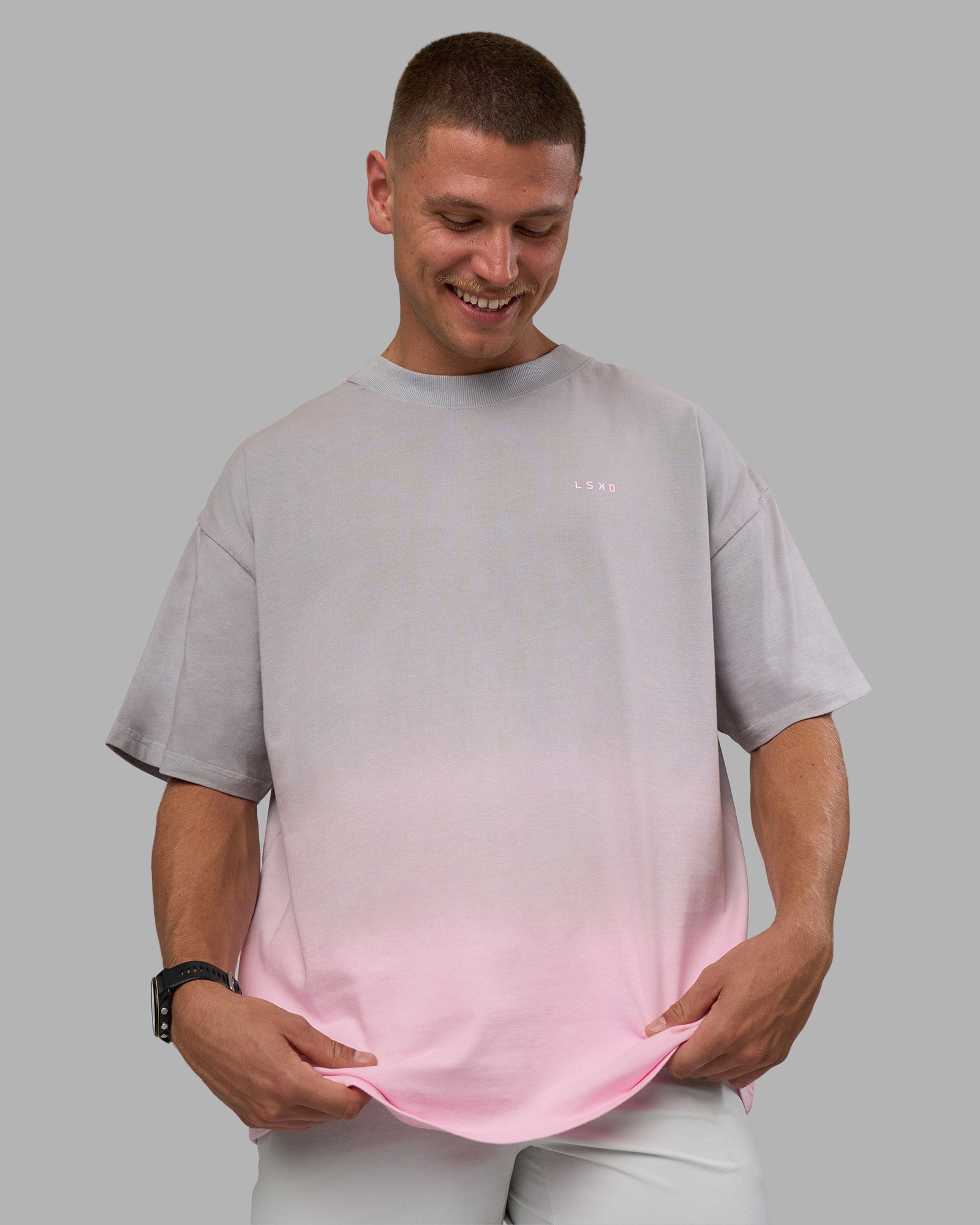 Man wearing Faded Heavyweight Oversized Tee - Circular Grey-Marshmallow | Model:Nikola | Size:L