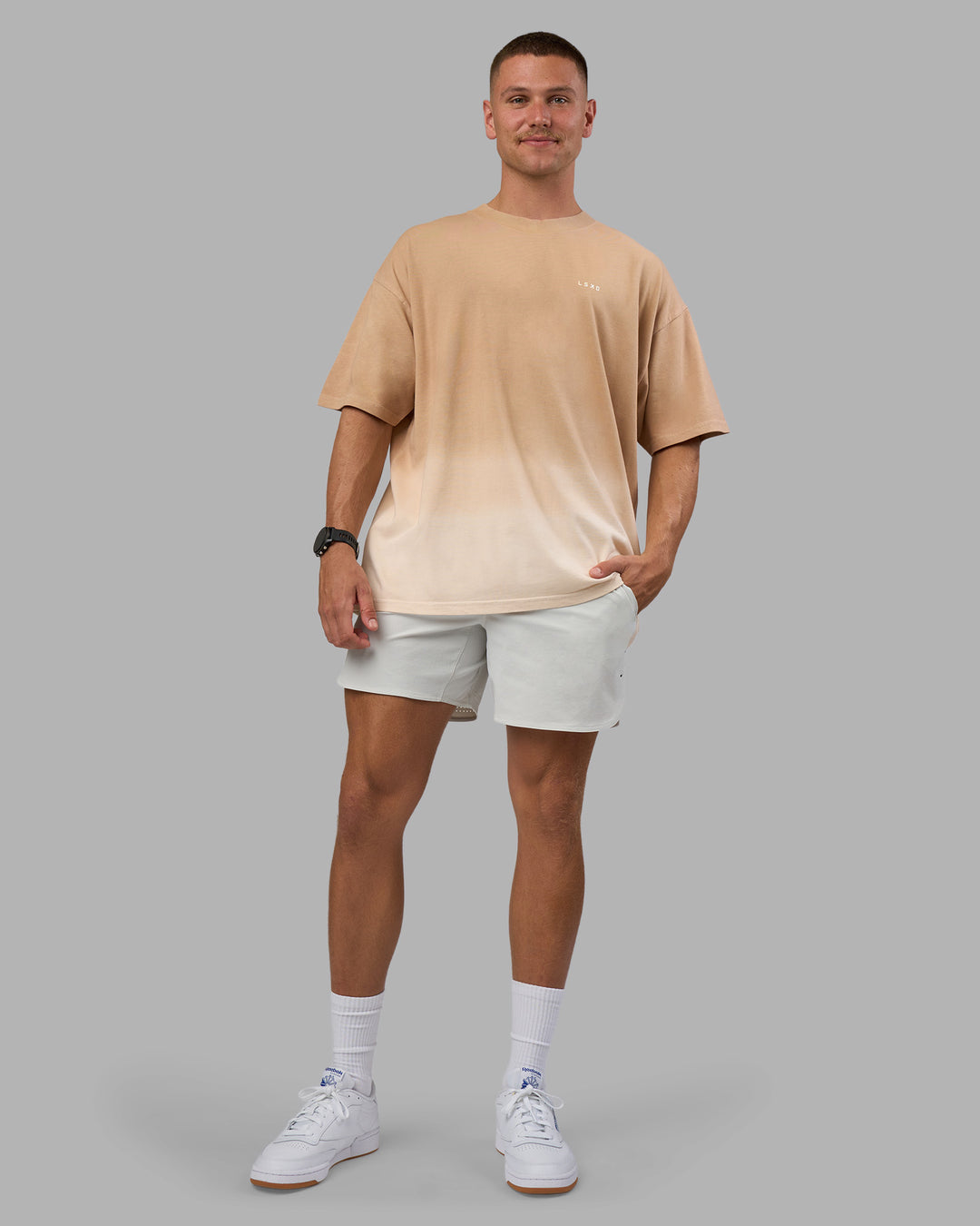 Man wearing Faded Heavyweight Oversized Tee - Warm Smoke-White | Model:Nikola | Size:L