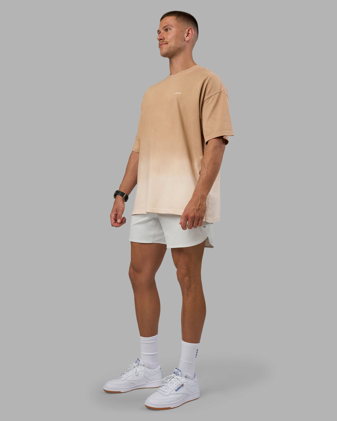 Man wearing Faded Heavyweight Oversized Tee - Warm Smoke-White | Model:Nikola | Size:L