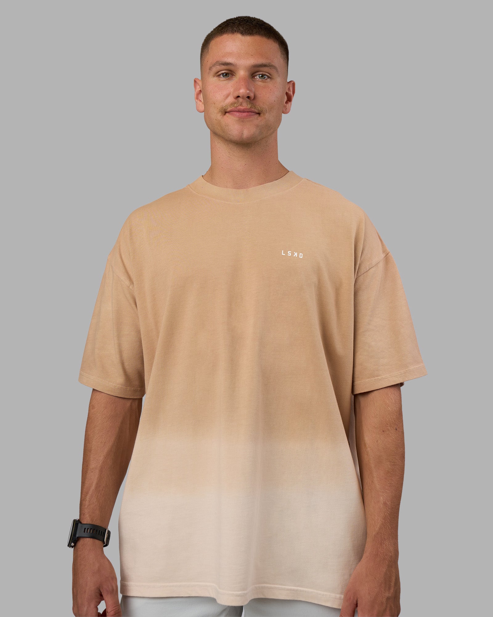 Man wearing Faded Heavyweight Oversized Tee - Warm Smoke-White | Model:Nikola | Size:L