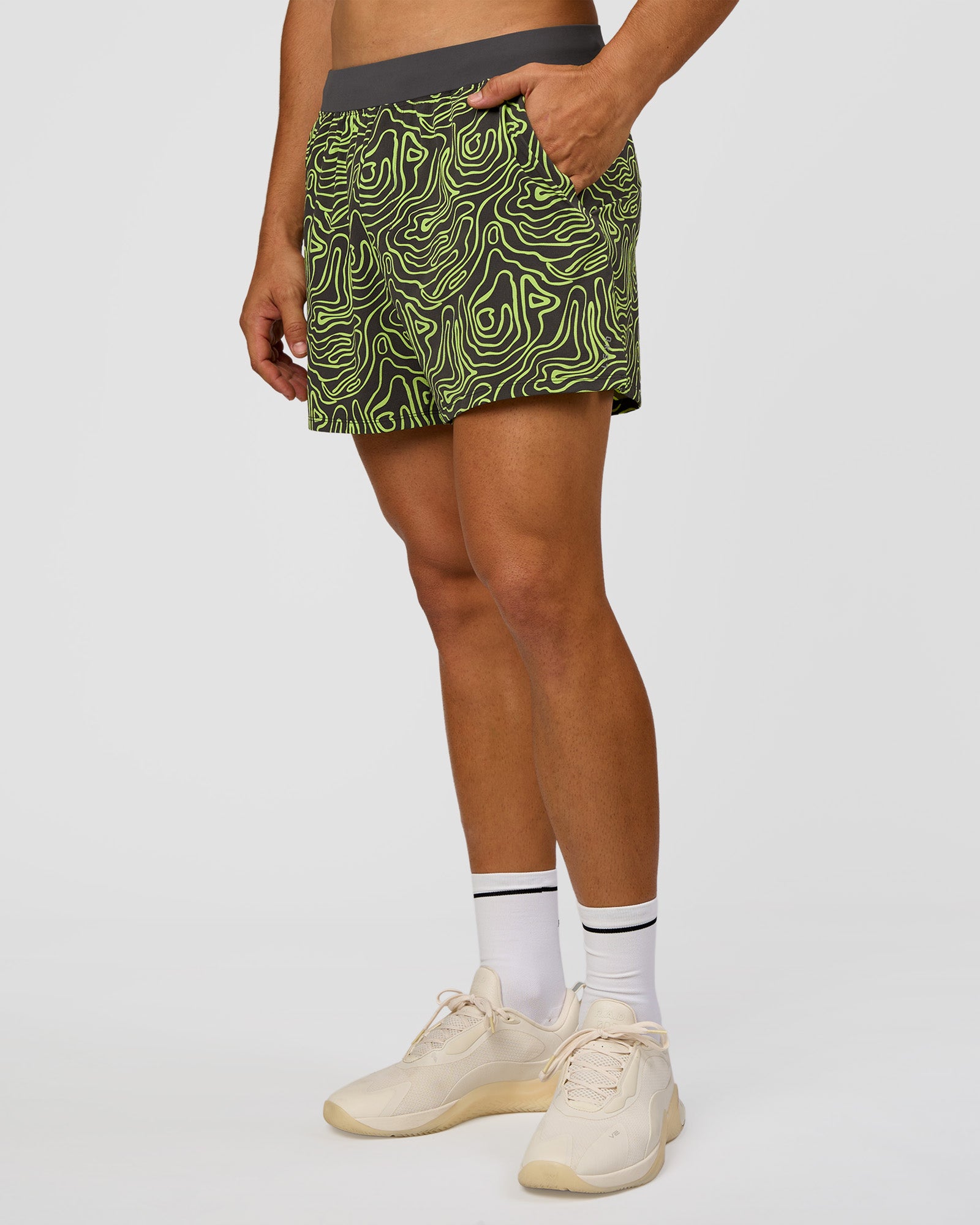 Man wearing Functional Training 5" Short - Friction Print Hyper Green | Model:Jackson | Size:L