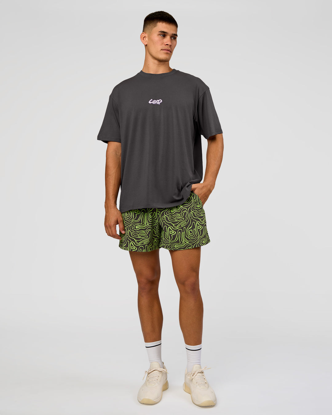 Man wearing Functional Training 5" Short - Friction Print Hyper Green | Model:Jackson | Size:L