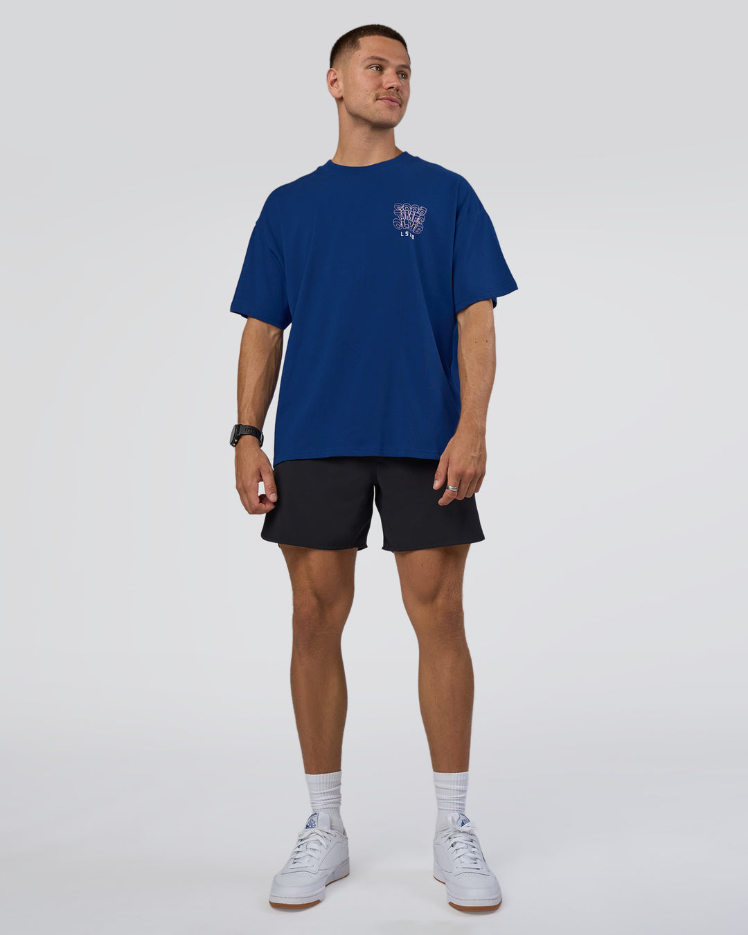 Man wearing GTC Heavyweight Oversized Tee - Washed Midnight Blue-Marsh | Model:Nikola | Size:L