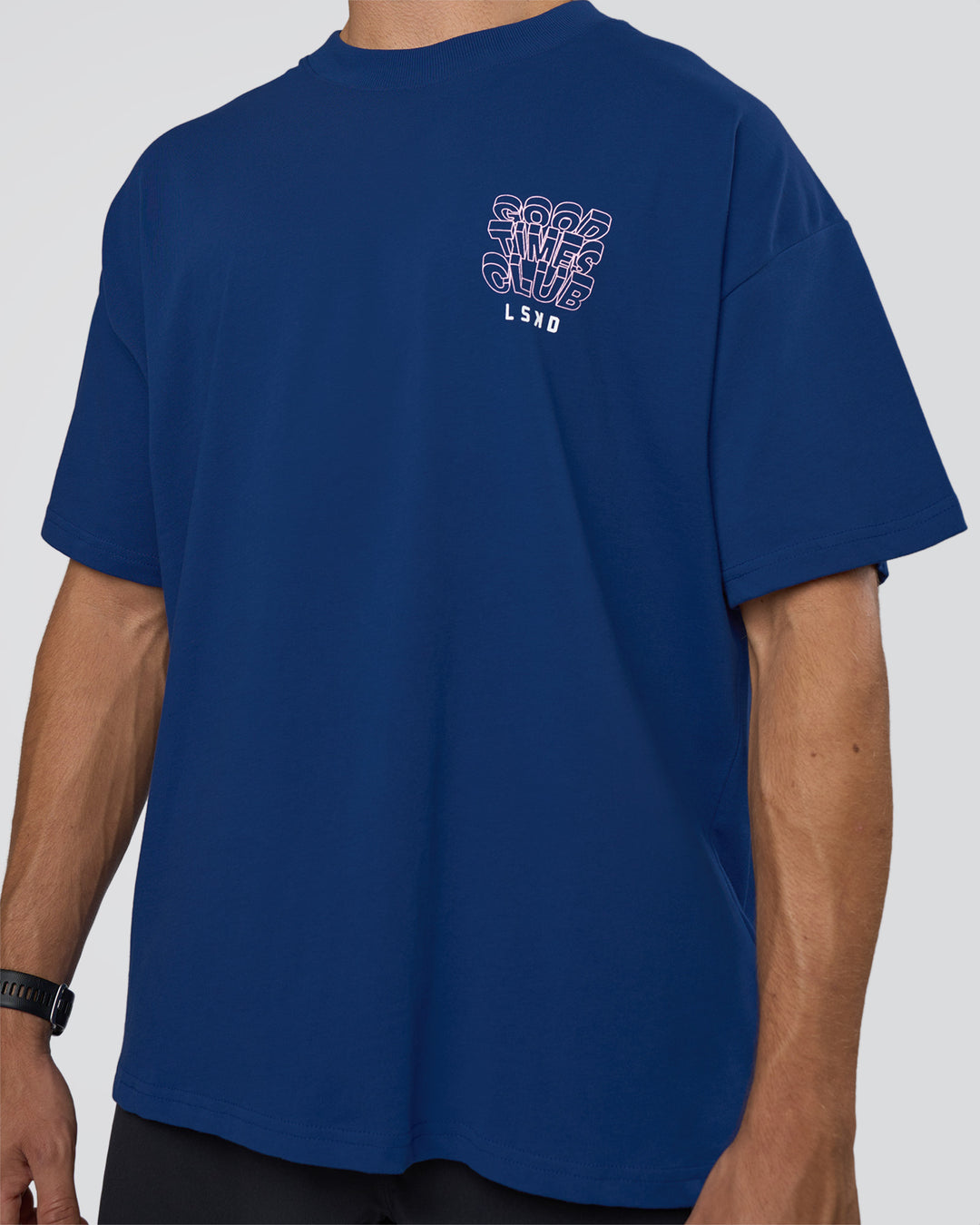 Man wearing GTC Heavyweight Oversized Tee - Washed Midnight Blue-Marsh | Model:Nikola | Size:L