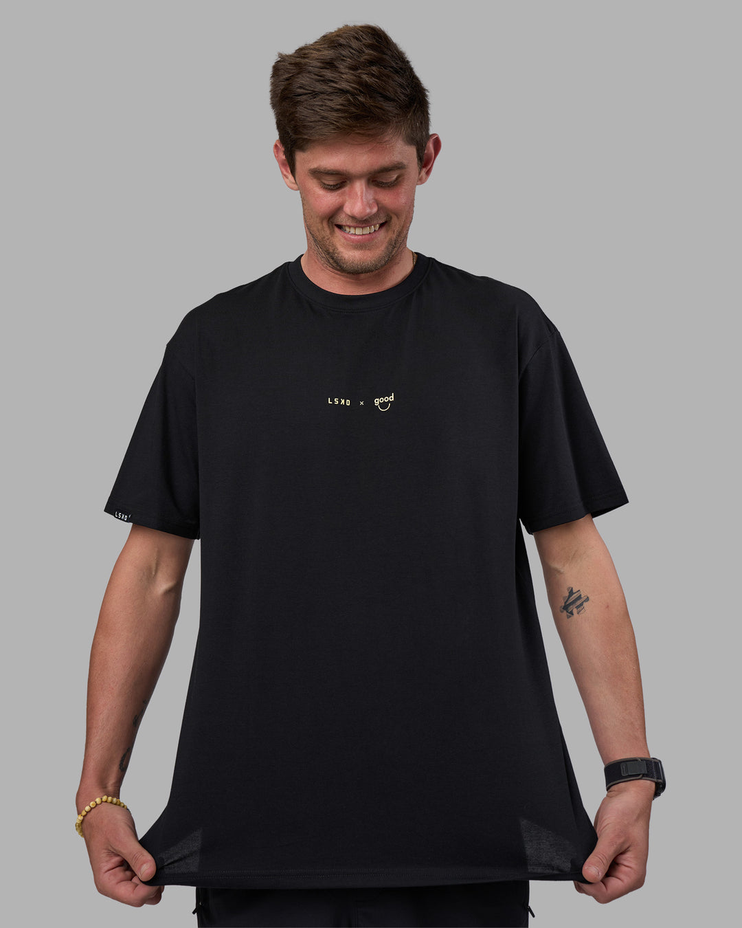 Man wearing Good Human Factory Vol 2 FLXCotton Oversize Tee - Black | Model:Cooper | Size:L