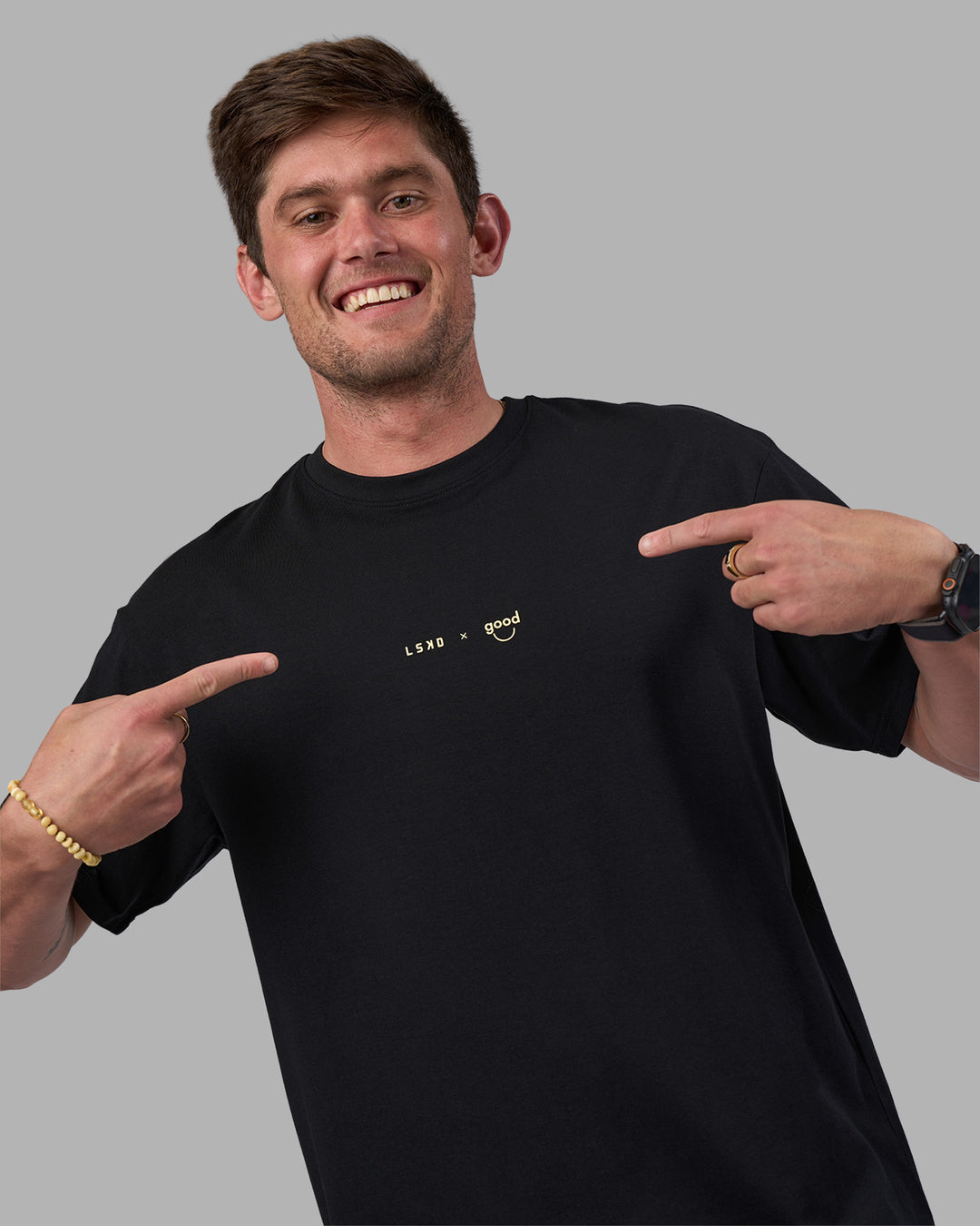Man wearing Good Human Factory Vol 2 FLXCotton Oversize Tee - Black | Model:Cooper | Size:L