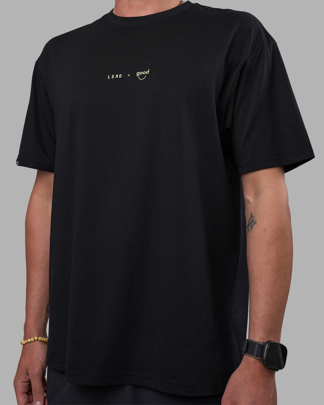 Man wearing Good Human Factory Vol 2 FLXCotton Oversize Tee - Black | Model:Cooper | Size:L