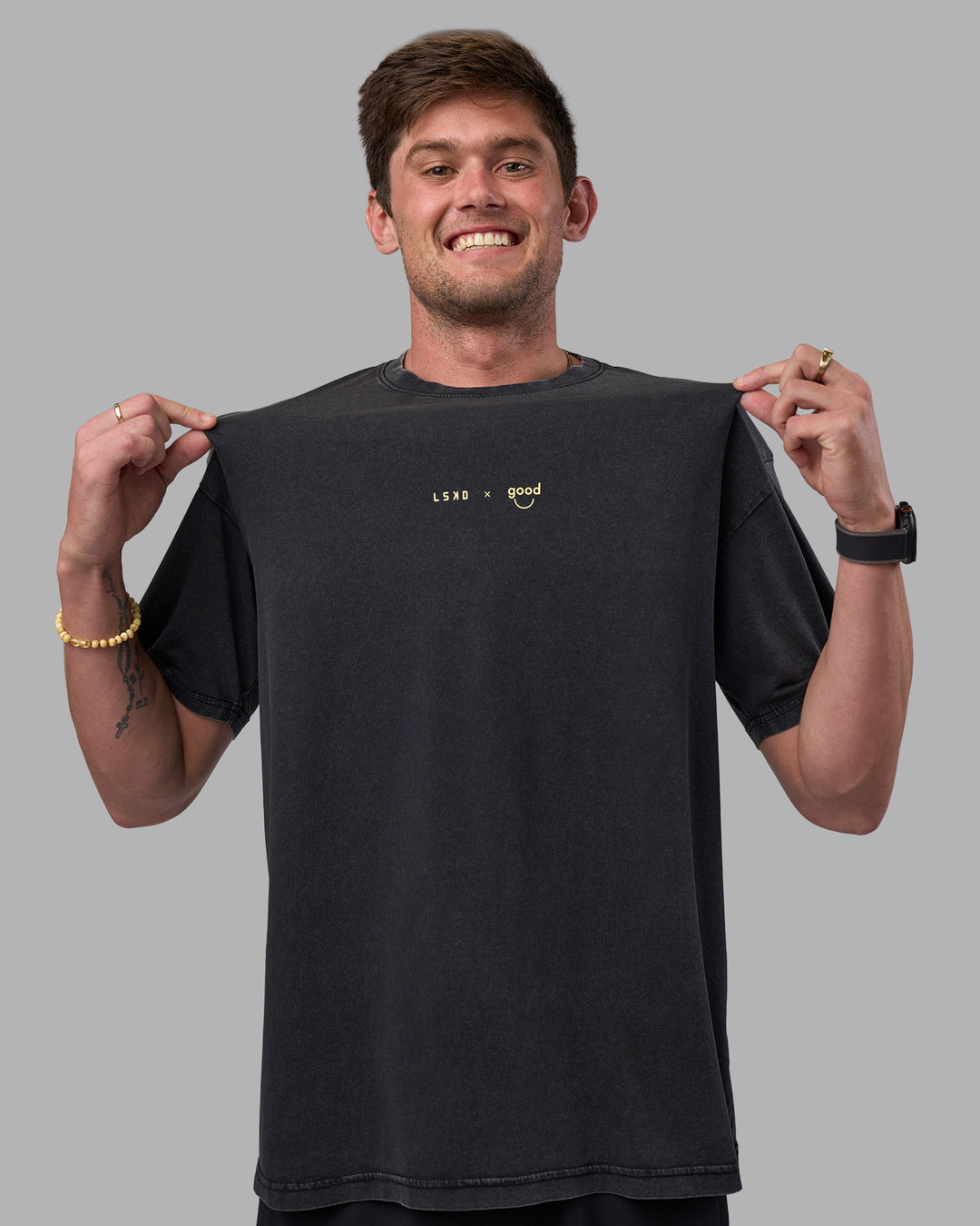 Man wearing Good Human Factory Vol 2 FLXCotton Oversize Tee - Black Washed | Model:Cooper | Size:L