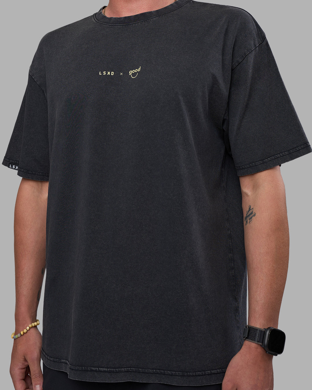 Man wearing Good Human Factory Vol 2 FLXCotton Oversize Tee - Black Washed | Model:Cooper | Size:L