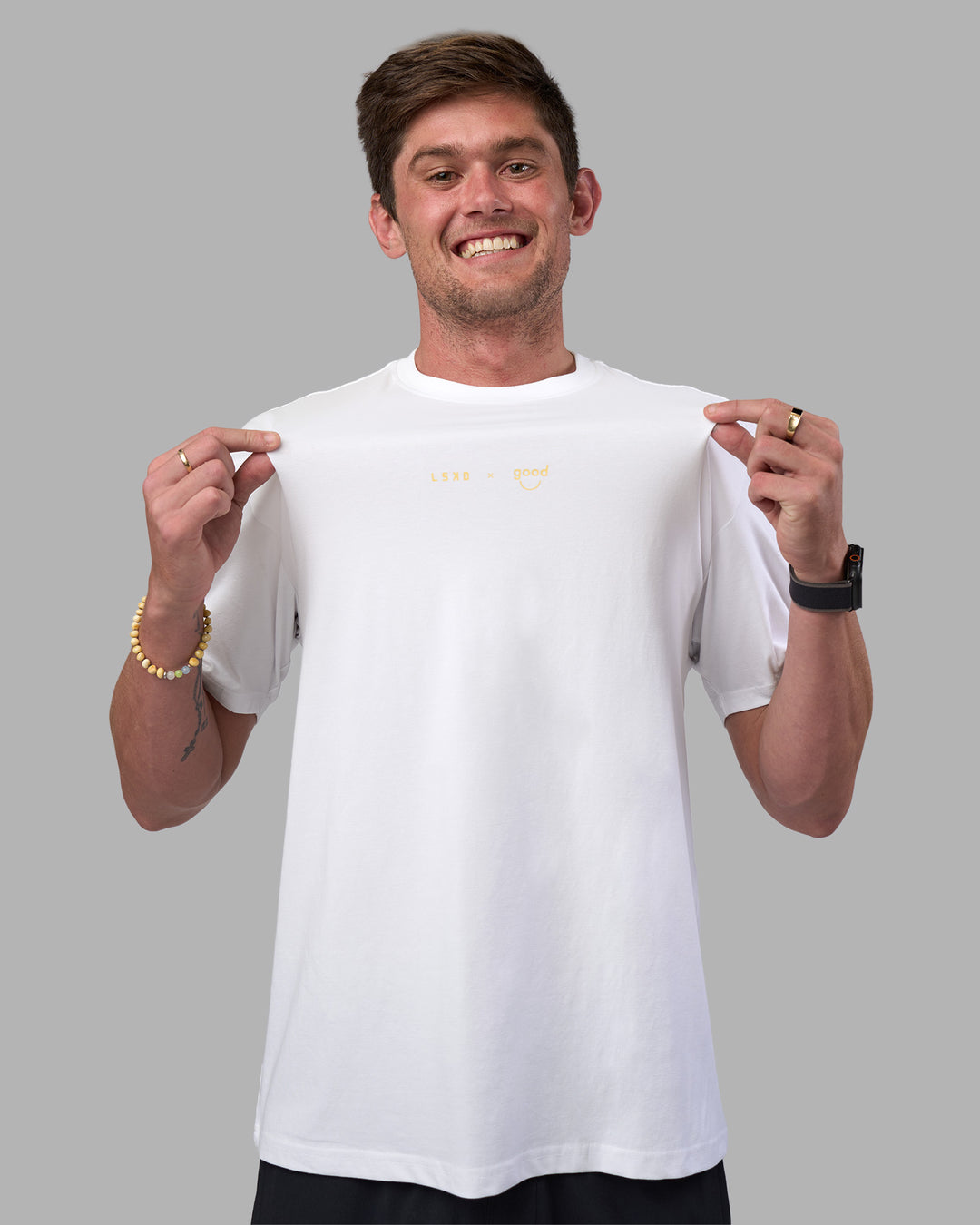 Man wearing Good Human Factory Vol 2 FLXCotton Oversize Tee - White | Model:Cooper | Size:L