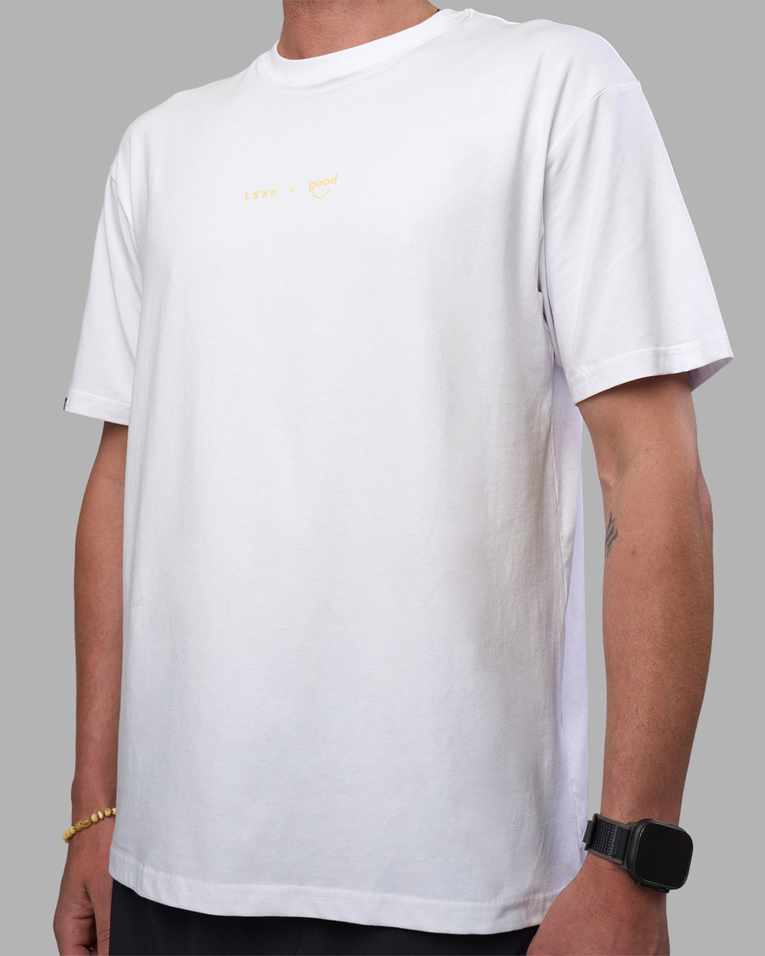 Man wearing Good Human Factory Vol 2 FLXCotton Oversize Tee - White | Model:Cooper | Size:L