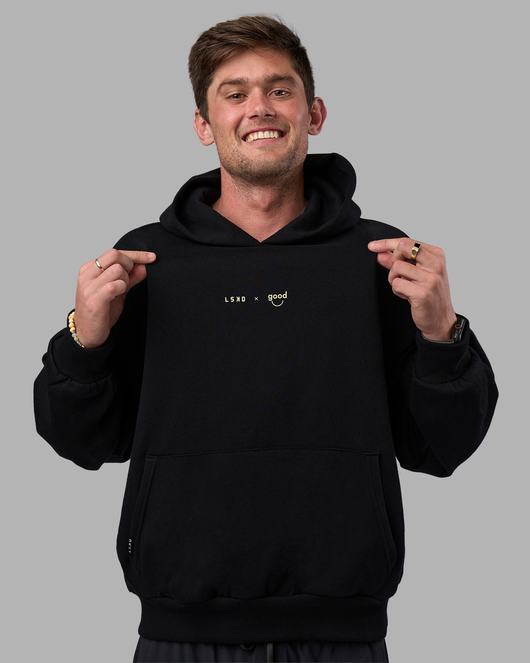 Man wearing Good Human Factory Vol 2 Hoodie - Black | Model:Cooper | Size:L