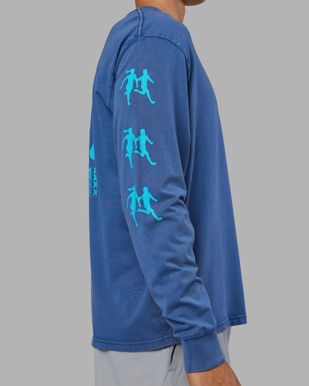 Man wearing Inferno Journey FLXCotton Oversized Long Sleeve Tee - Midnight Blue-Blue Bird | Model:Jackson | Size:L