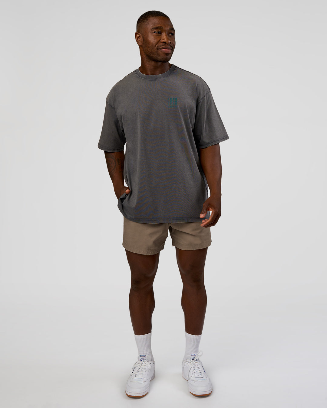 Man wearing Inferno Journey FLXCotton Oversized Tee - Dark Storm Washed-Iceberg Green | Model:Sam | Size:L