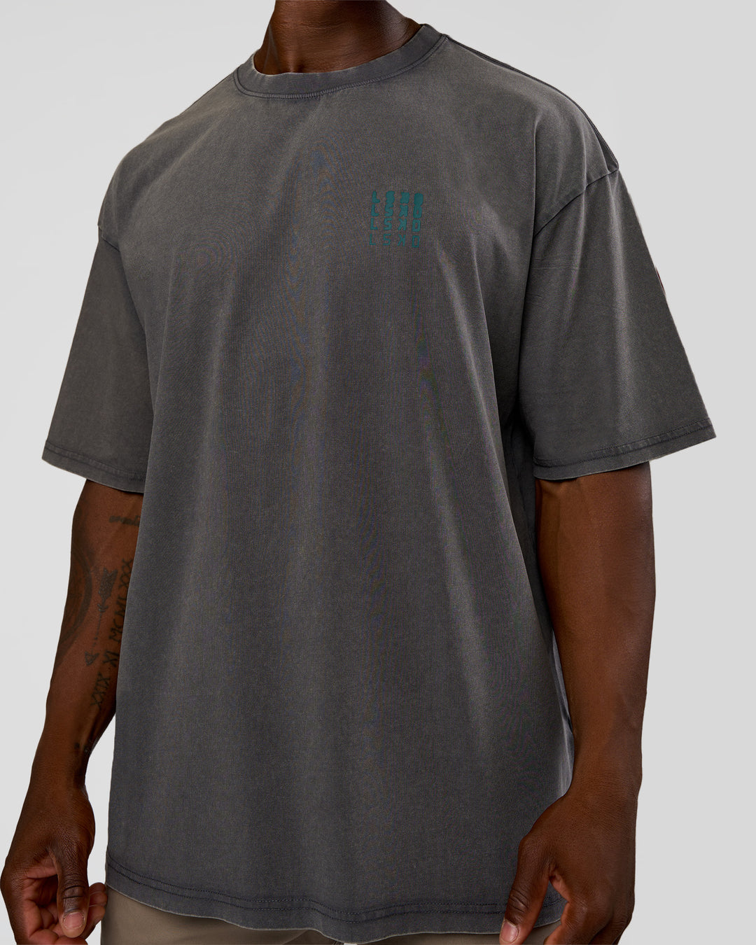 Man wearing Inferno Journey FLXCotton Oversized Tee - Dark Storm Washed-Iceberg Green | Model:Sam | Size:L