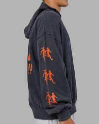 Man wearing Journey Washed Unisex Oversize Hoodie - Black-Ultra Orange | Model:Jackson | Size:L