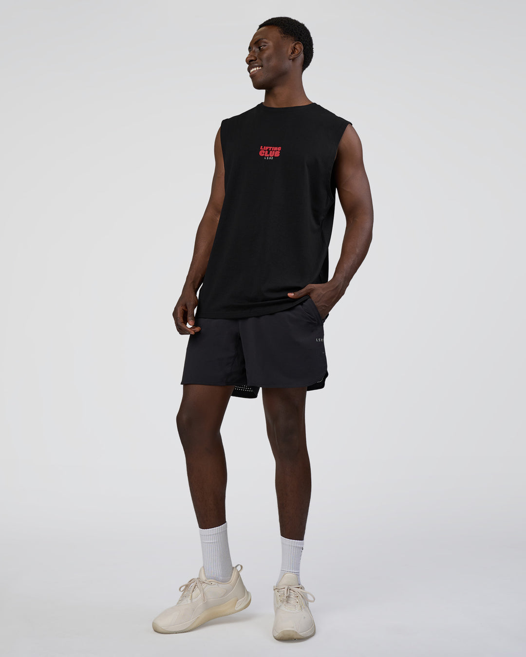Man wearing Kettle-B FLXCotton Muscle Tank - Black-White | Model:Paabio | Size:L