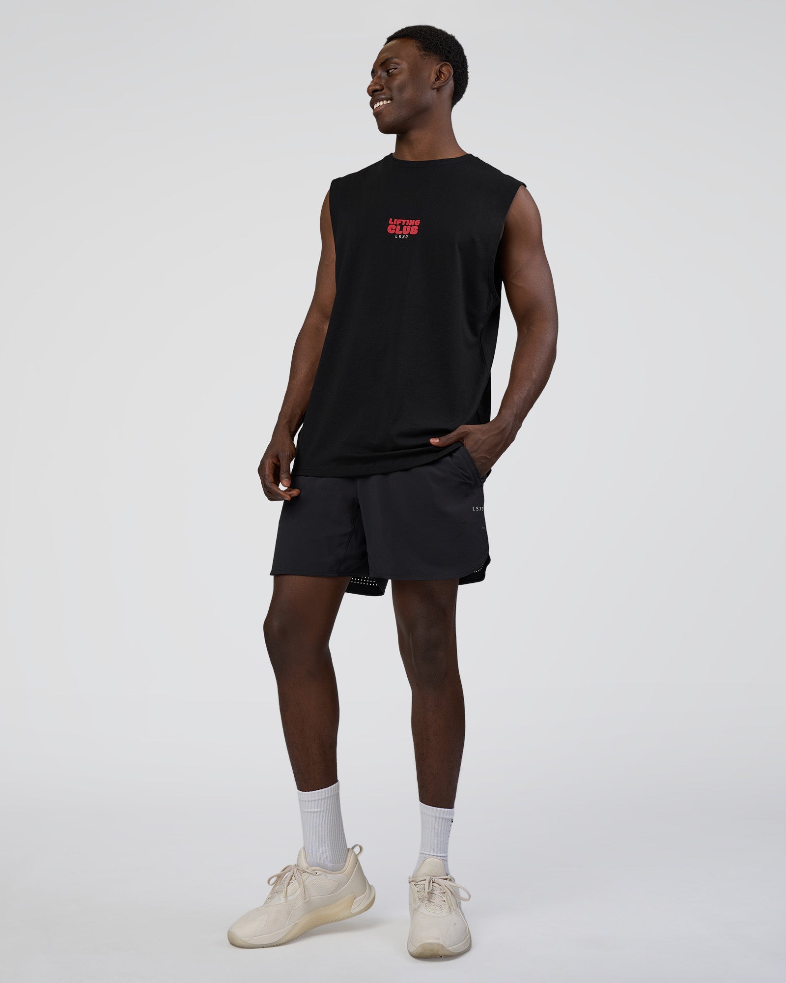 Man wearing Kettle-B FLXCotton Muscle Tank - Black-White | Model:Paabio | Size:L