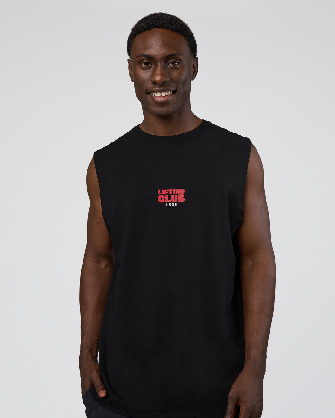 Man wearing Kettle-B FLXCotton Muscle Tank - Black-White | Model:Paabio | Size:L
