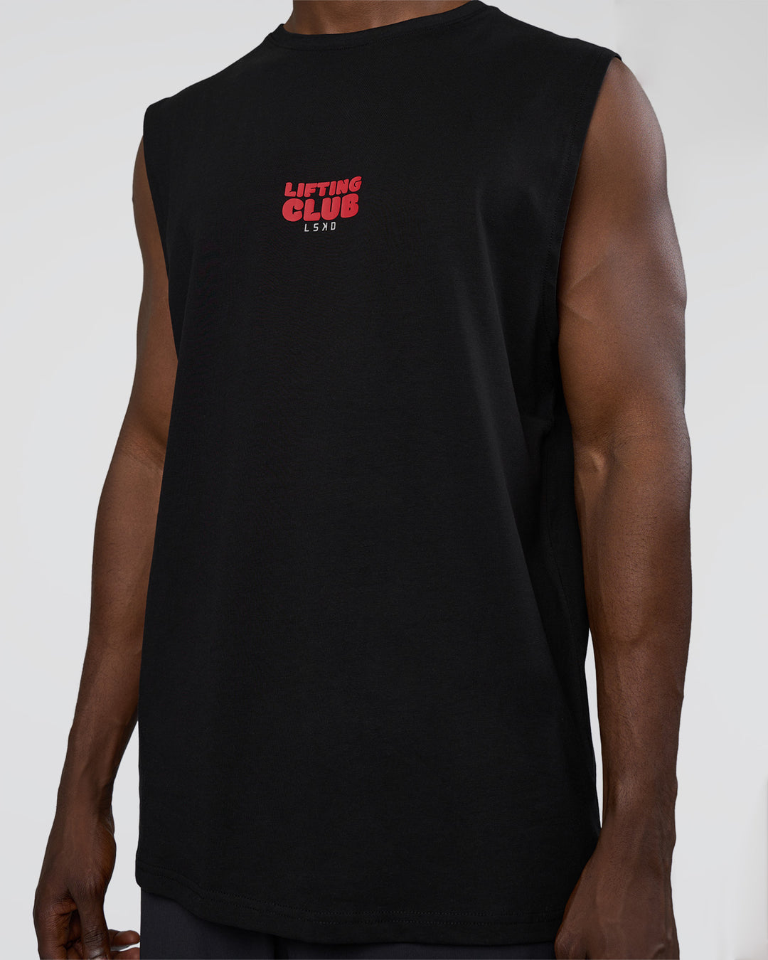 Man wearing Kettle-B FLXCotton Muscle Tank - Black-White | Model:Paabio | Size:L