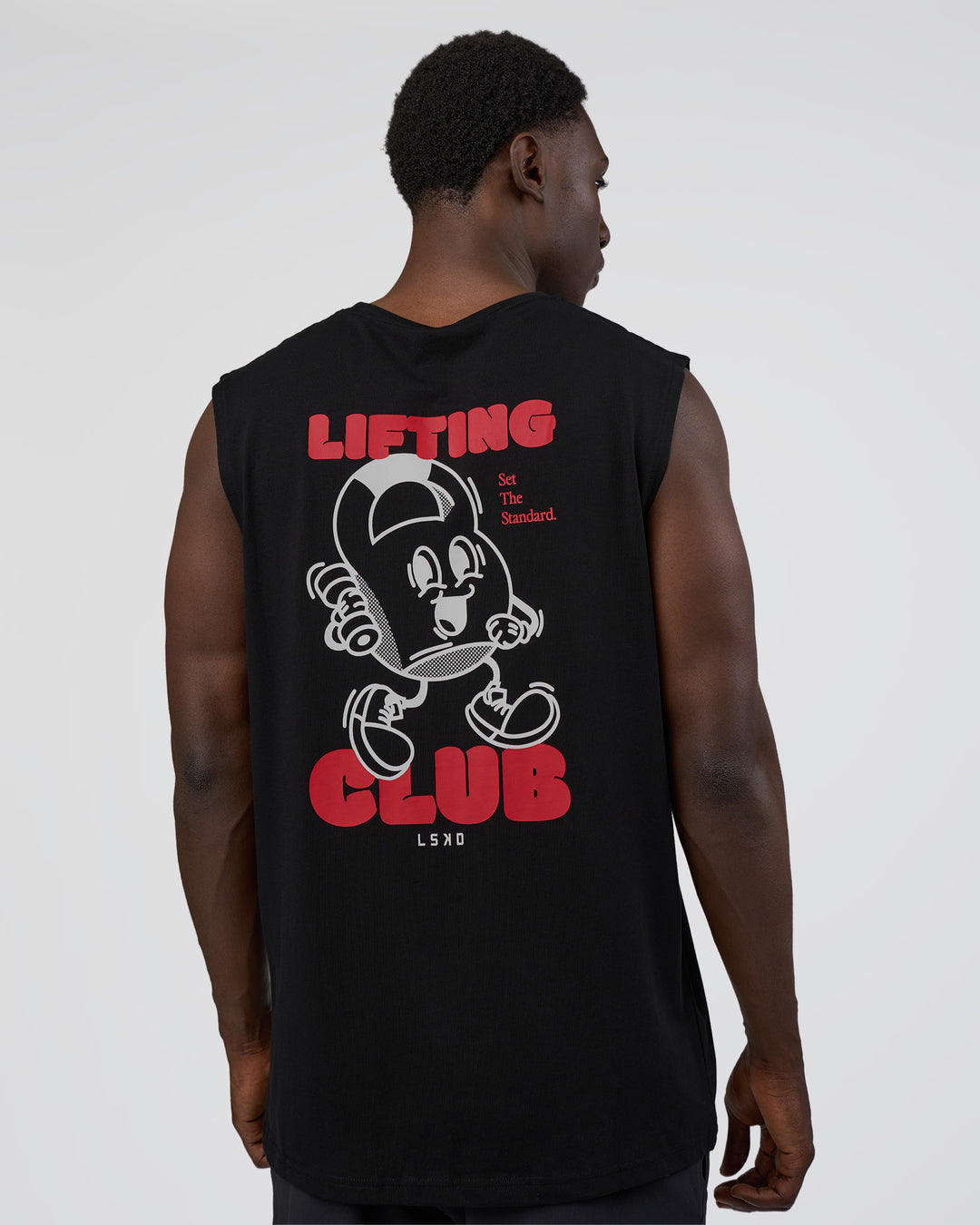 Man wearing Kettle-B FLXCotton Muscle Tank - Black-White | Model:Paabio | Size:L