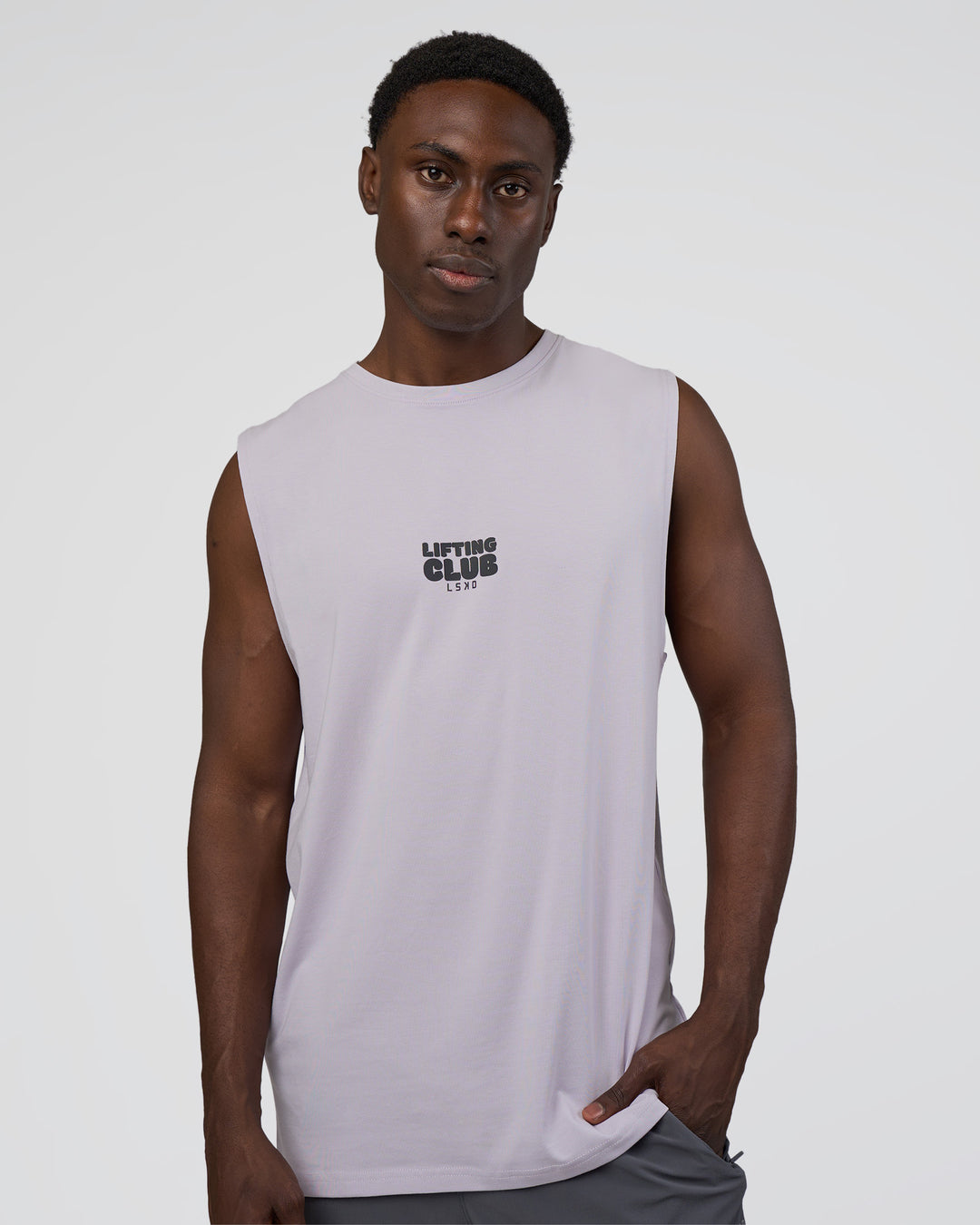 Man wearing Kettle-B FLXCotton Muscle Tank - Galactic Lilac-Black | Model:Paabio | Size:L