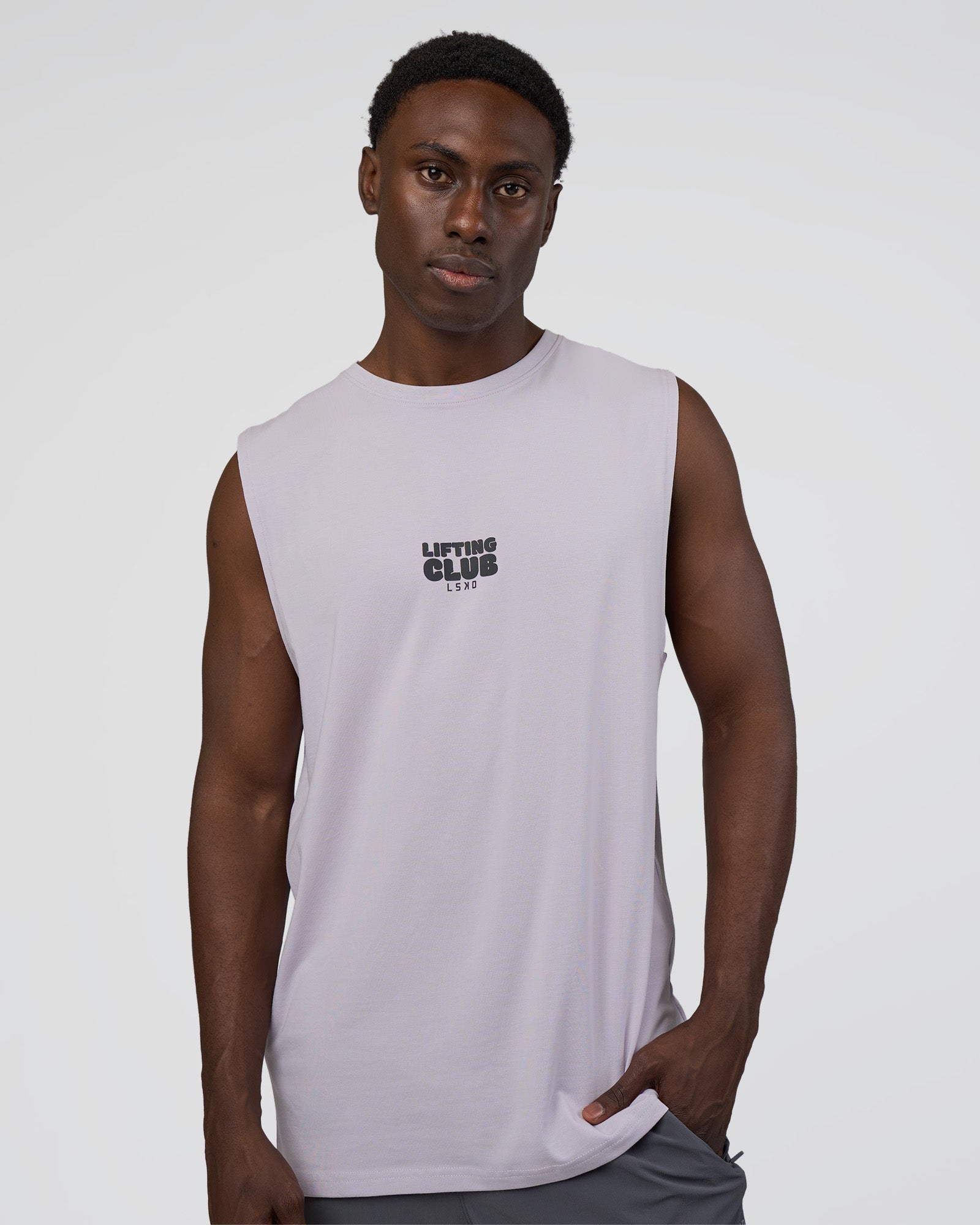 Man wearing Kettle-B FLXCotton Muscle Tank - Galactic Lilac-Black | Model:Paabio | Size:L