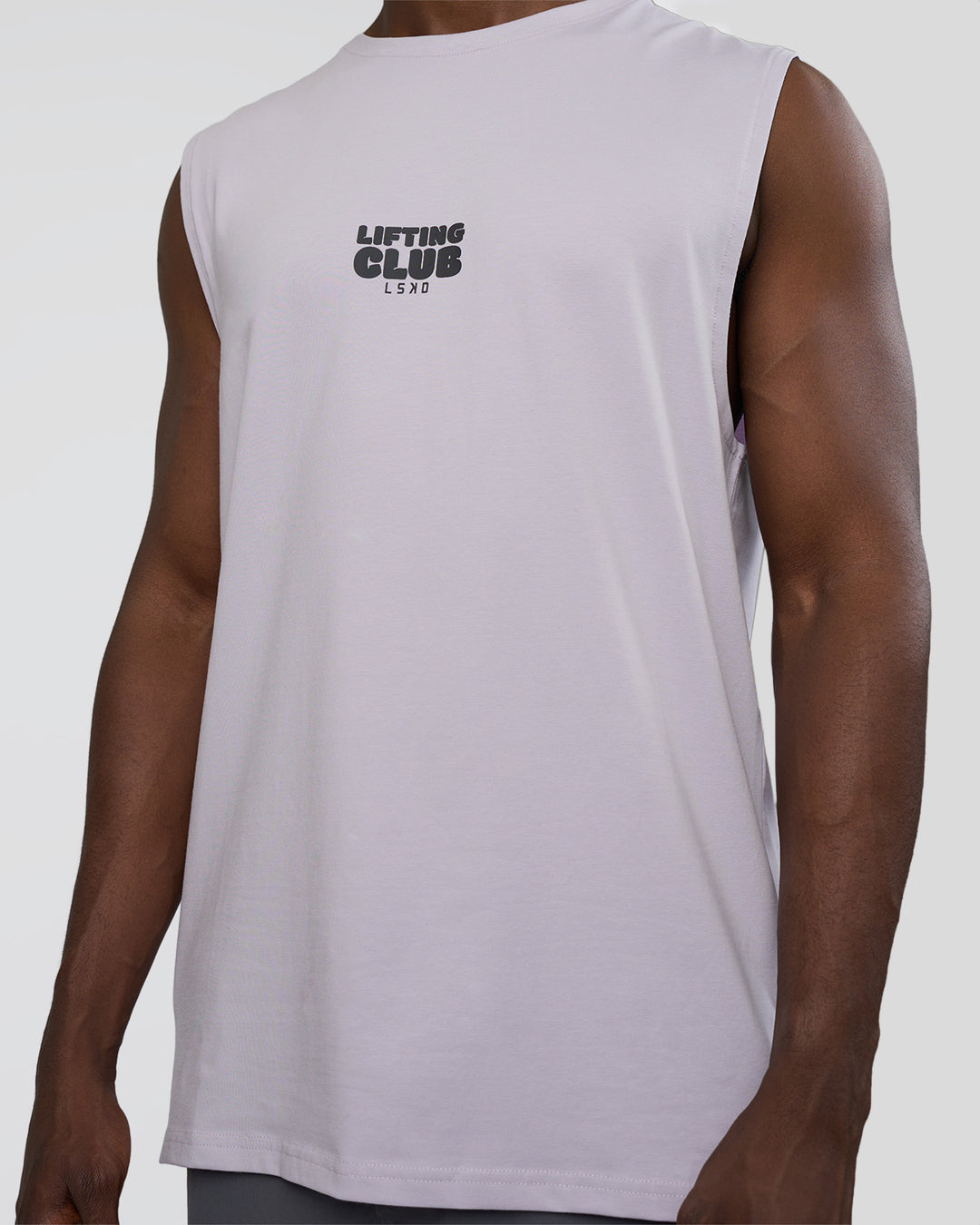Man wearing Kettle-B FLXCotton Muscle Tank - Galactic Lilac-Black | Model:Paabio | Size:L