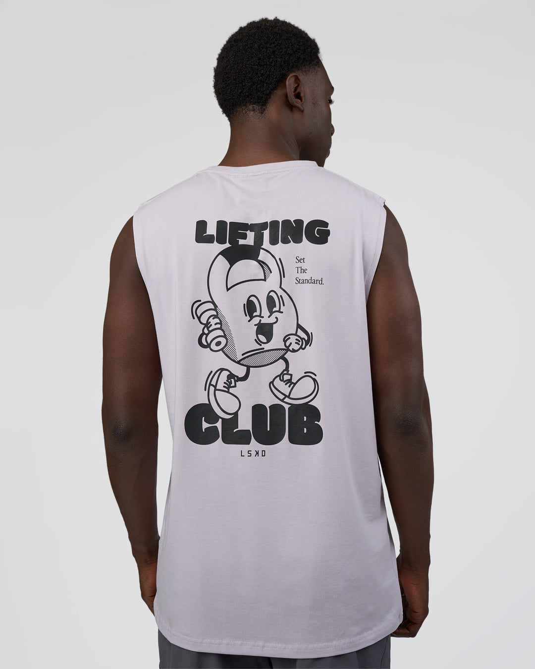 Man wearing Kettle-B FLXCotton Muscle Tank - Galactic Lilac-Black | Model:Paabio | Size:L