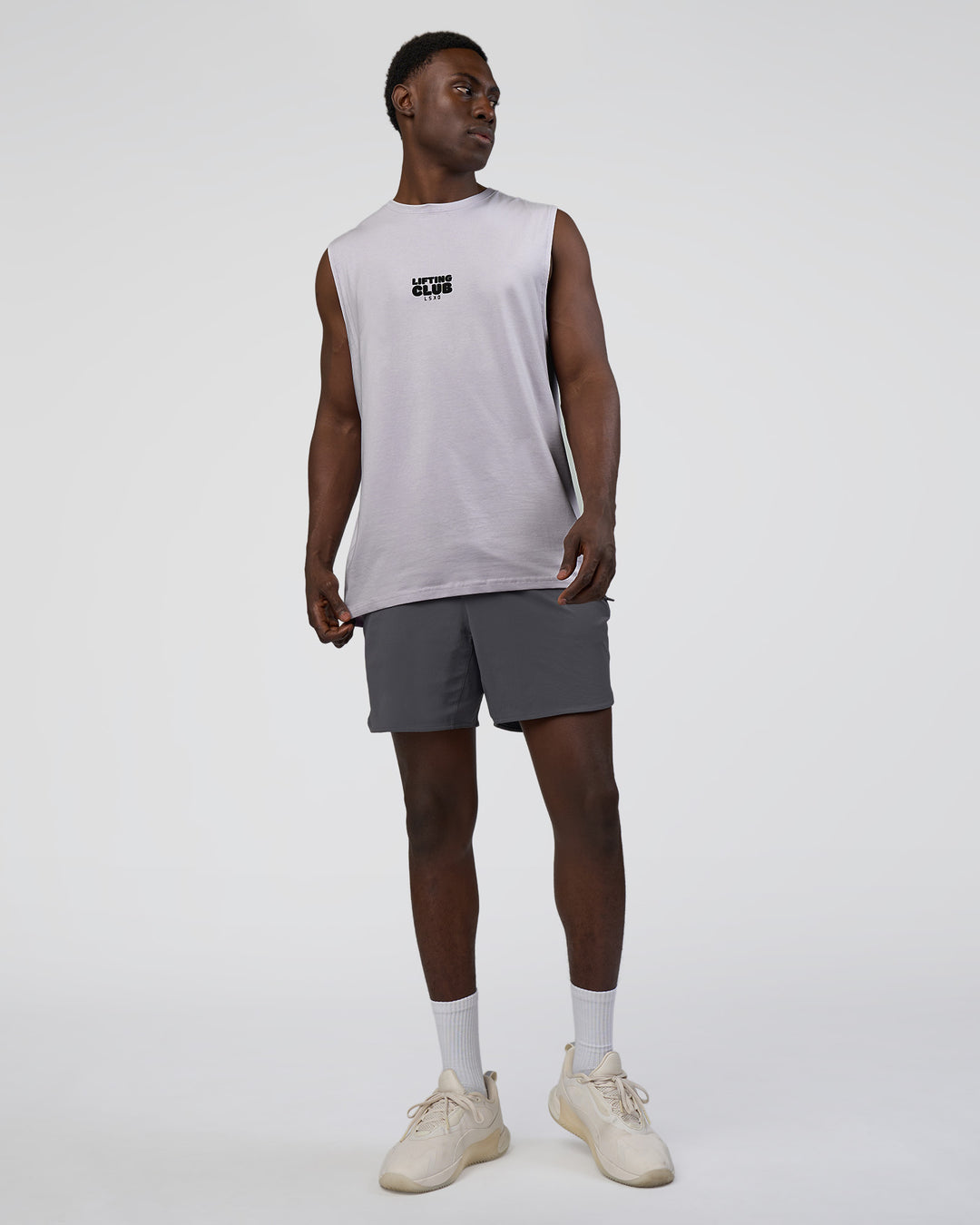 Man wearing Kettle-B FLXCotton Muscle Tank - Galactic Lilac-Black | Model:Paabio | Size:L