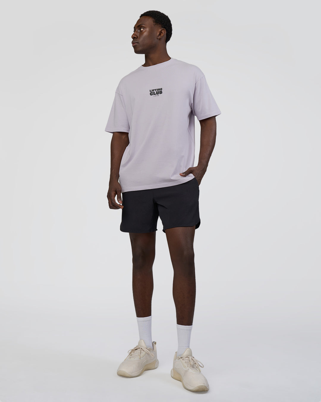 Man wearing Kettle B FLXCotton Oversized Tee - Galactic Lilac-Black | Model:Paabio | Size:L