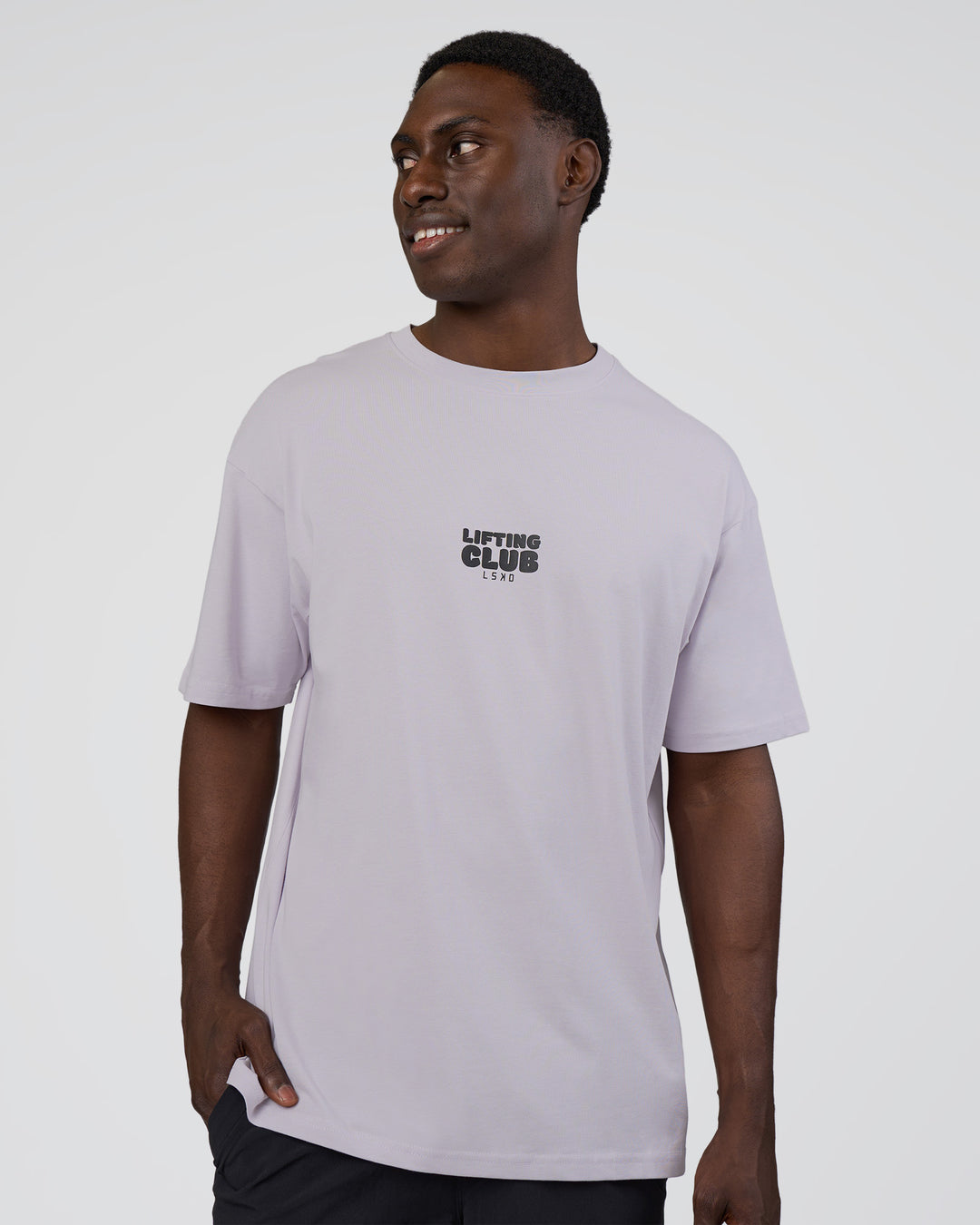 Man wearing Kettle B FLXCotton Oversized Tee - Galactic Lilac-Black | Model:Paabio | Size:L