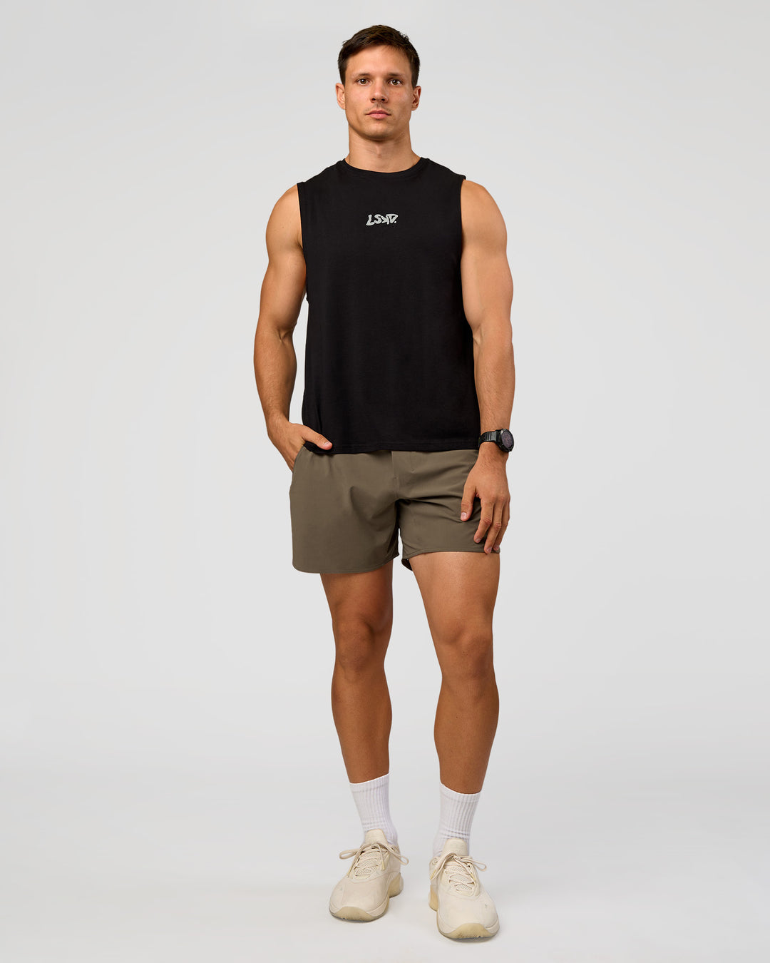 Man wearing Lift 6" Short - Walnut Grey | Model:Liam | Size:L
